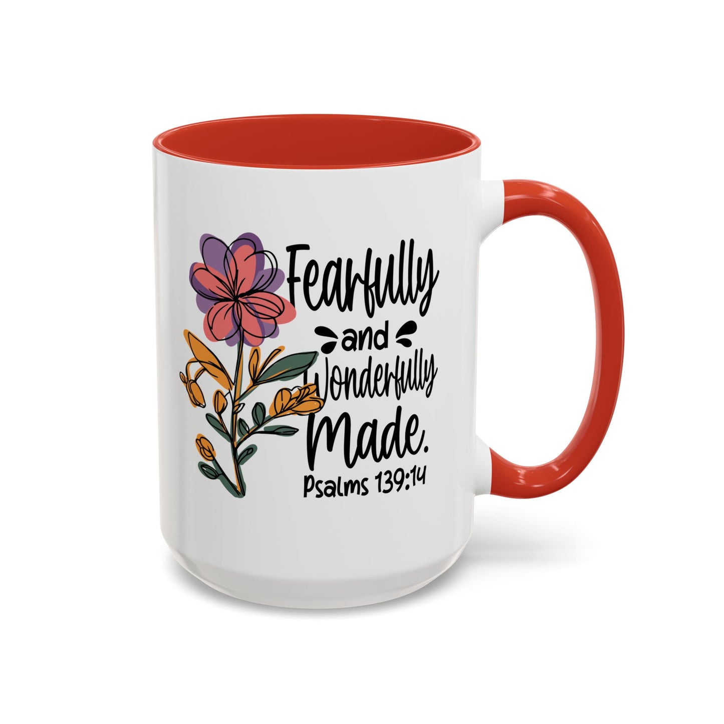 Fearfully and Wonderfully Made floral coffee mug with accent handle
