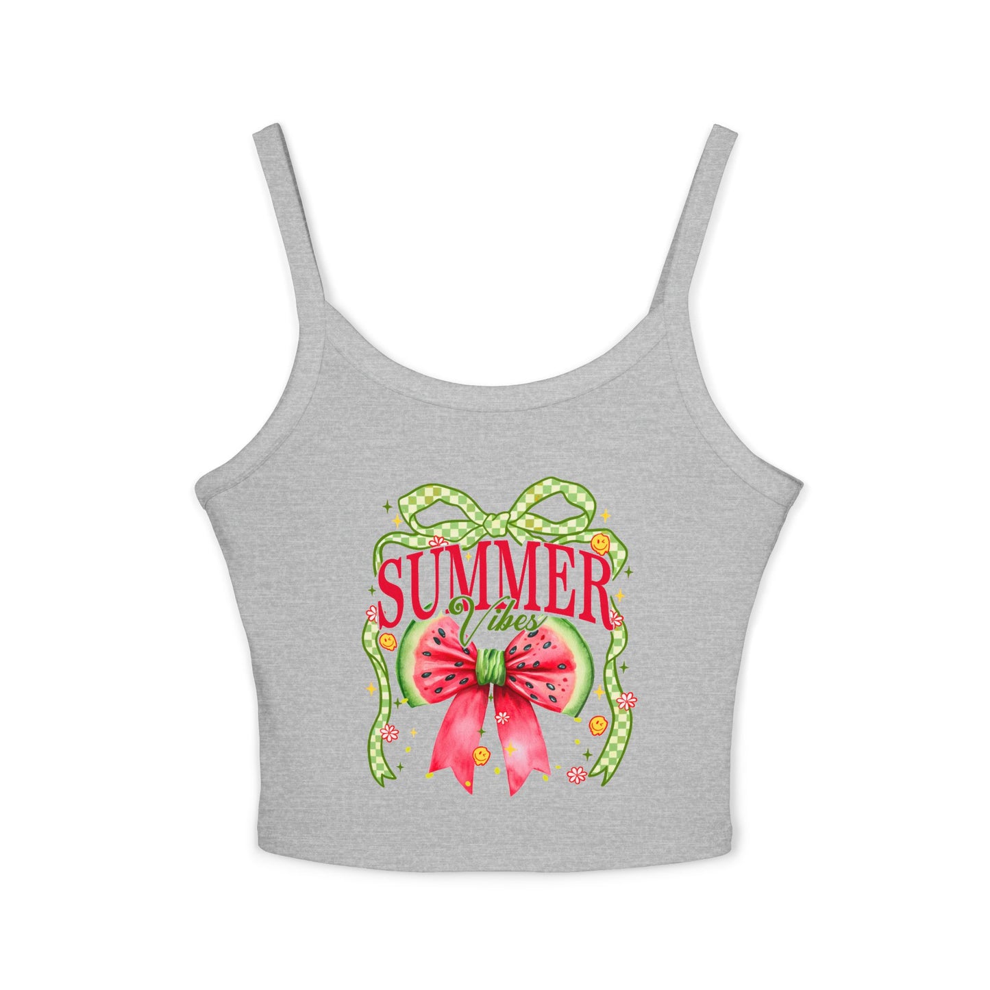 Summer Vibes spaghetti strap tank flat lay with watermelon graphic