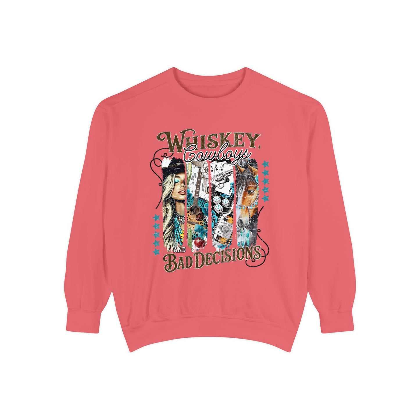 Flat lay of 'Whiskey & Bad Decisions' sweatshirt on light background