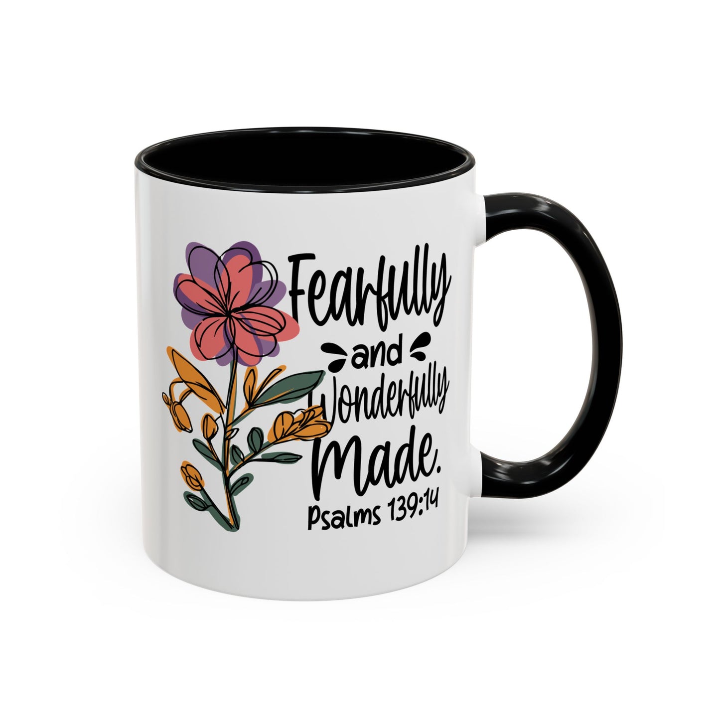 Fearfully and Wonderfully Made floral coffee mug with accent handle