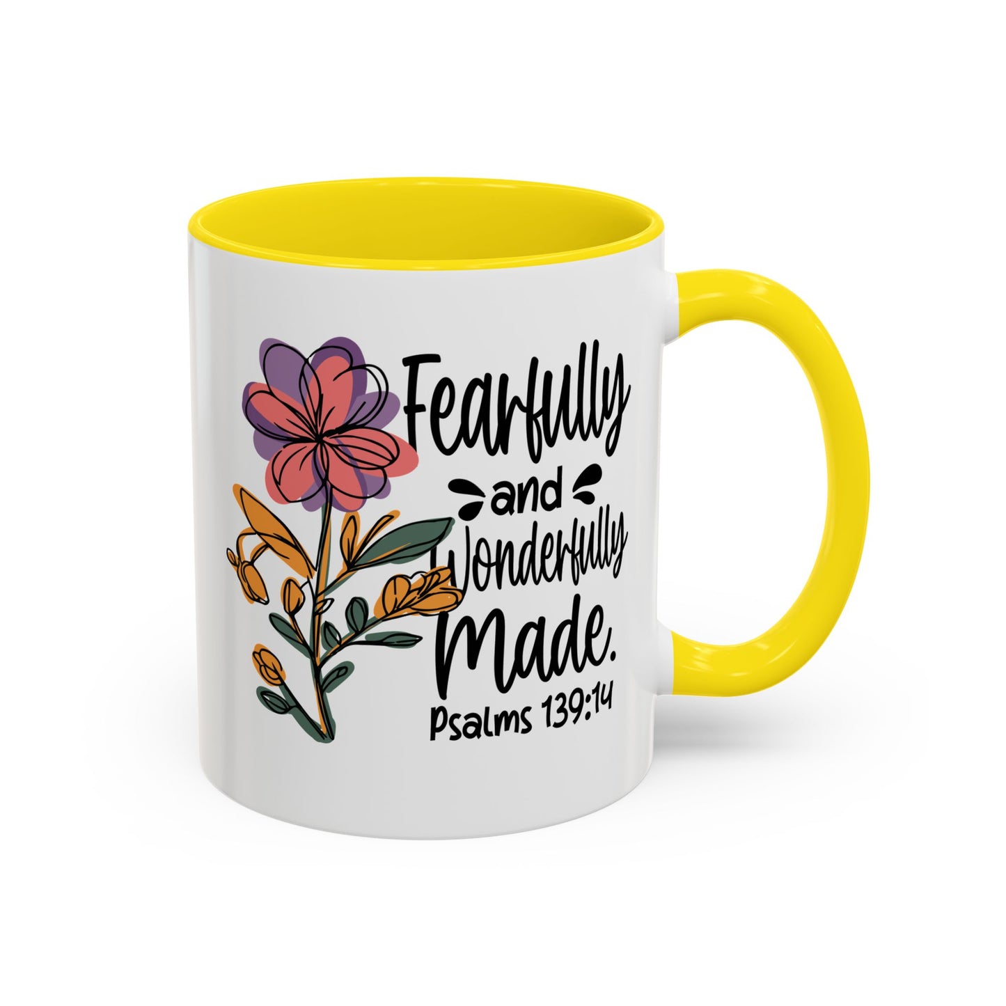 Fearfully and Wonderfully Made floral coffee mug with accent handle