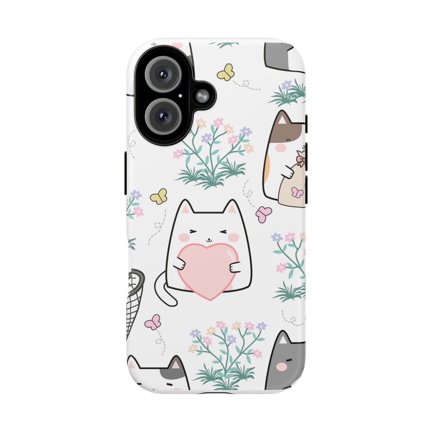 Cute Cat Floral tough phone case dual-layer design on white background