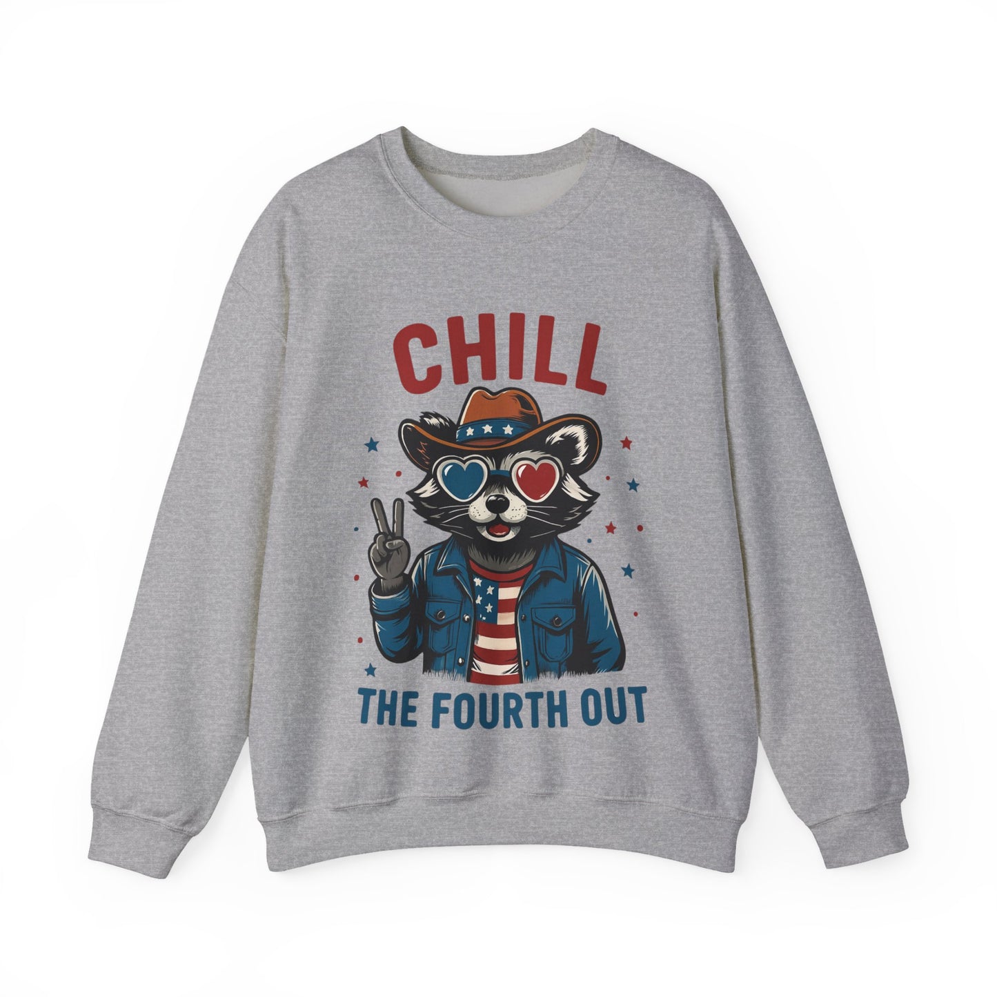 Flat lay of Chill Fourth of July sweatshirt on white background