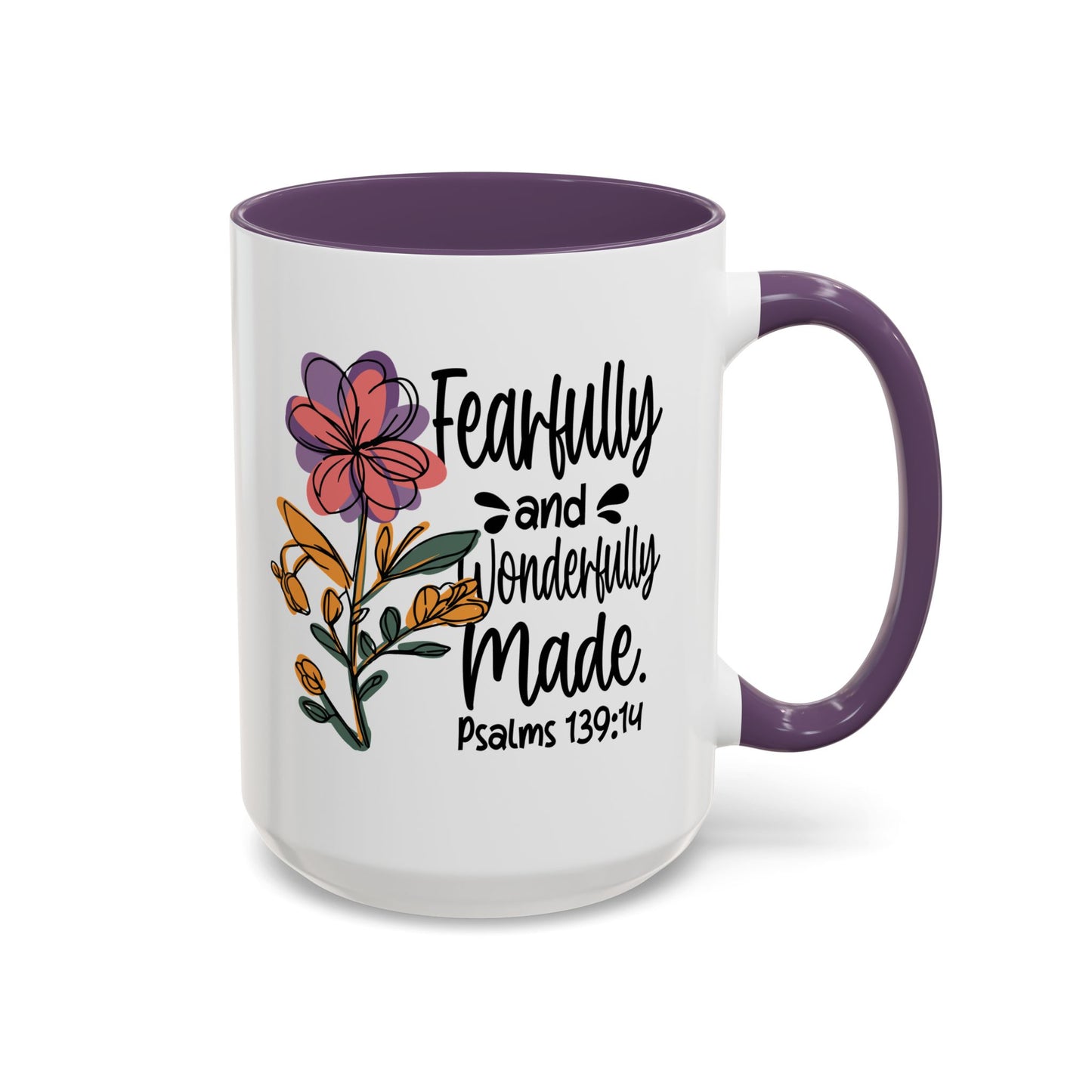 Fearfully and Wonderfully Made floral coffee mug with accent handle