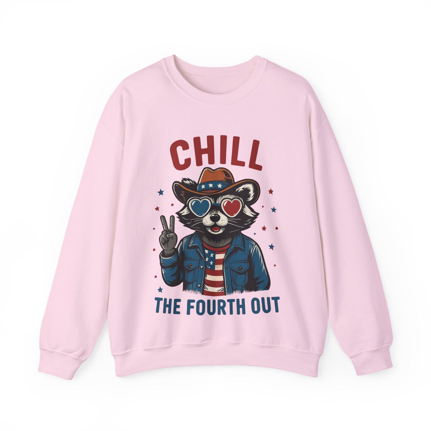 Flat lay of Chill Fourth of July sweatshirt on white background