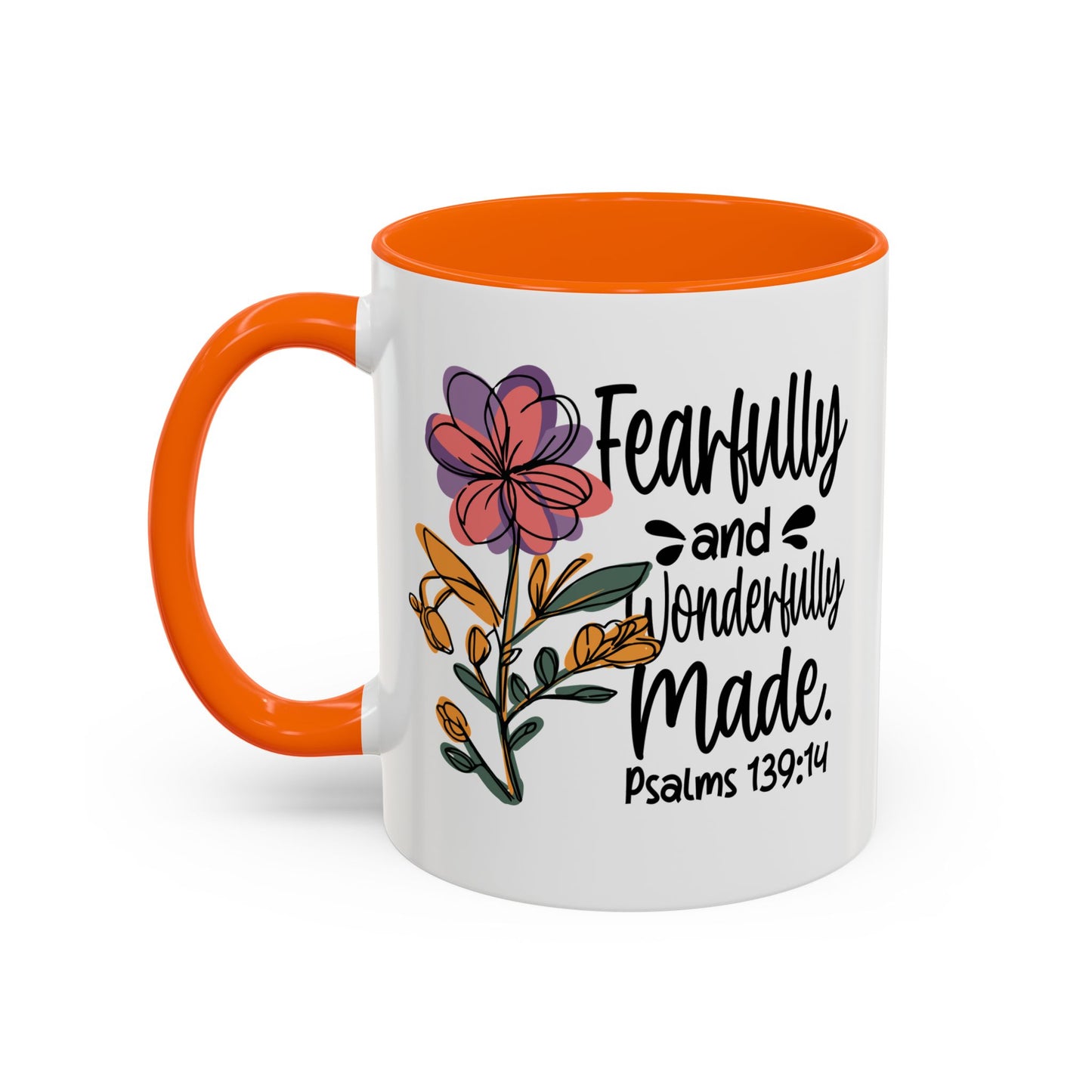 Fearfully and Wonderfully Made floral coffee mug with accent handle