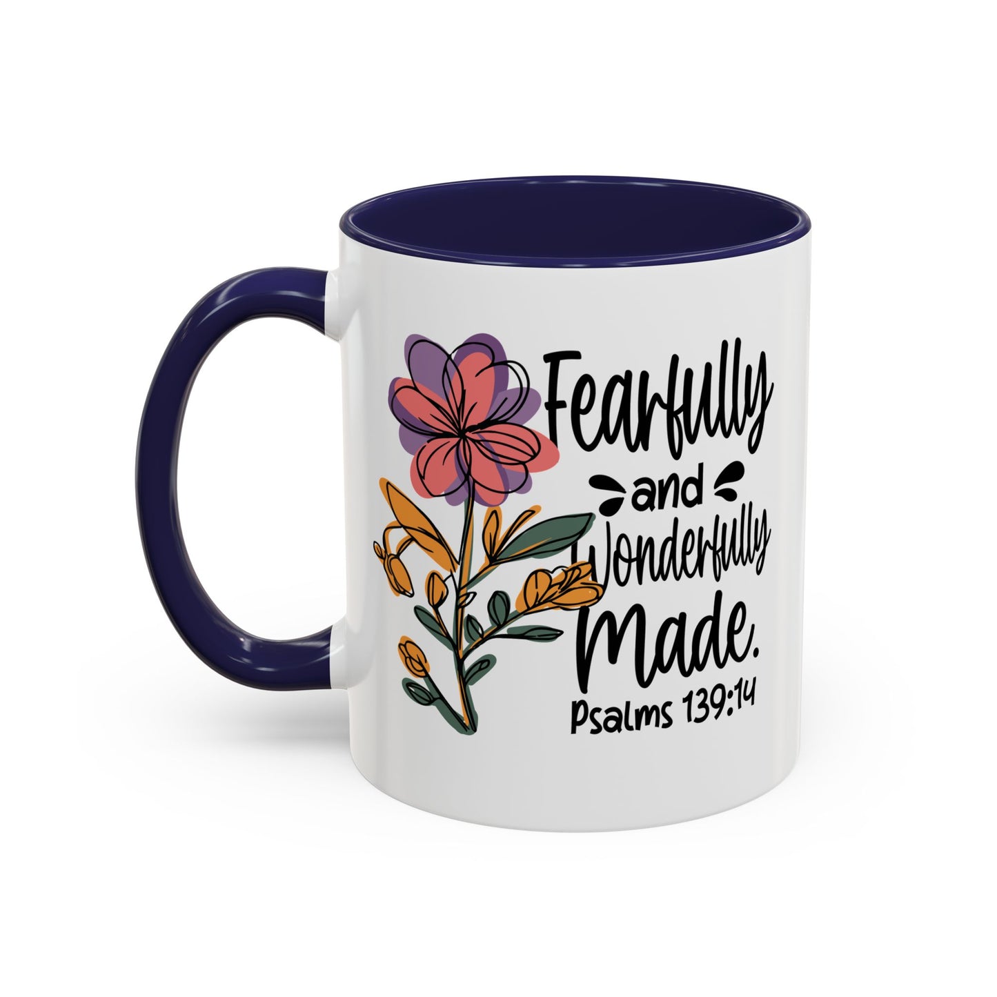 Fearfully and Wonderfully Made floral coffee mug with accent handle