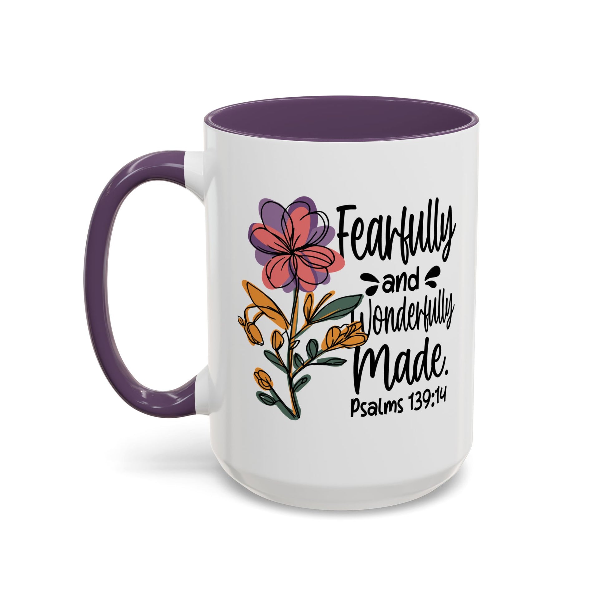 Fearfully and Wonderfully Made floral coffee mug with accent handle