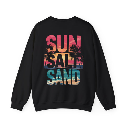 Back view of Beach Vibes crewneck showing full coastal design
