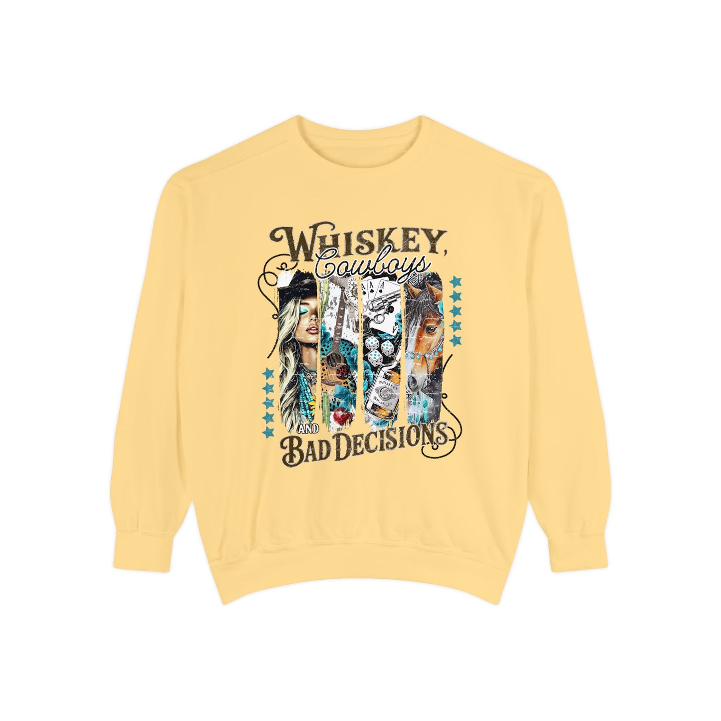 Flat lay of 'Whiskey & Bad Decisions' sweatshirt on light background
