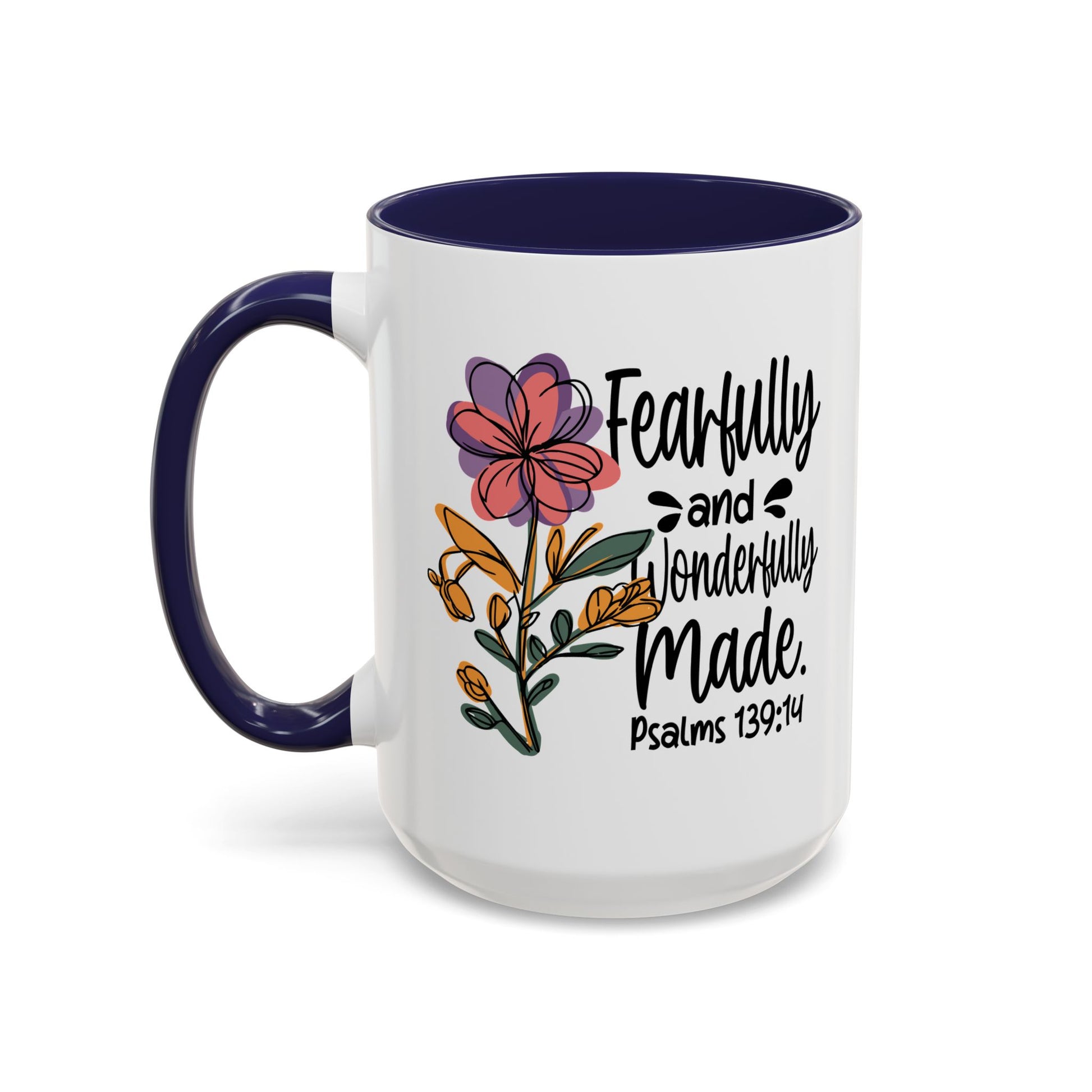 Fearfully and Wonderfully Made floral coffee mug with accent handle