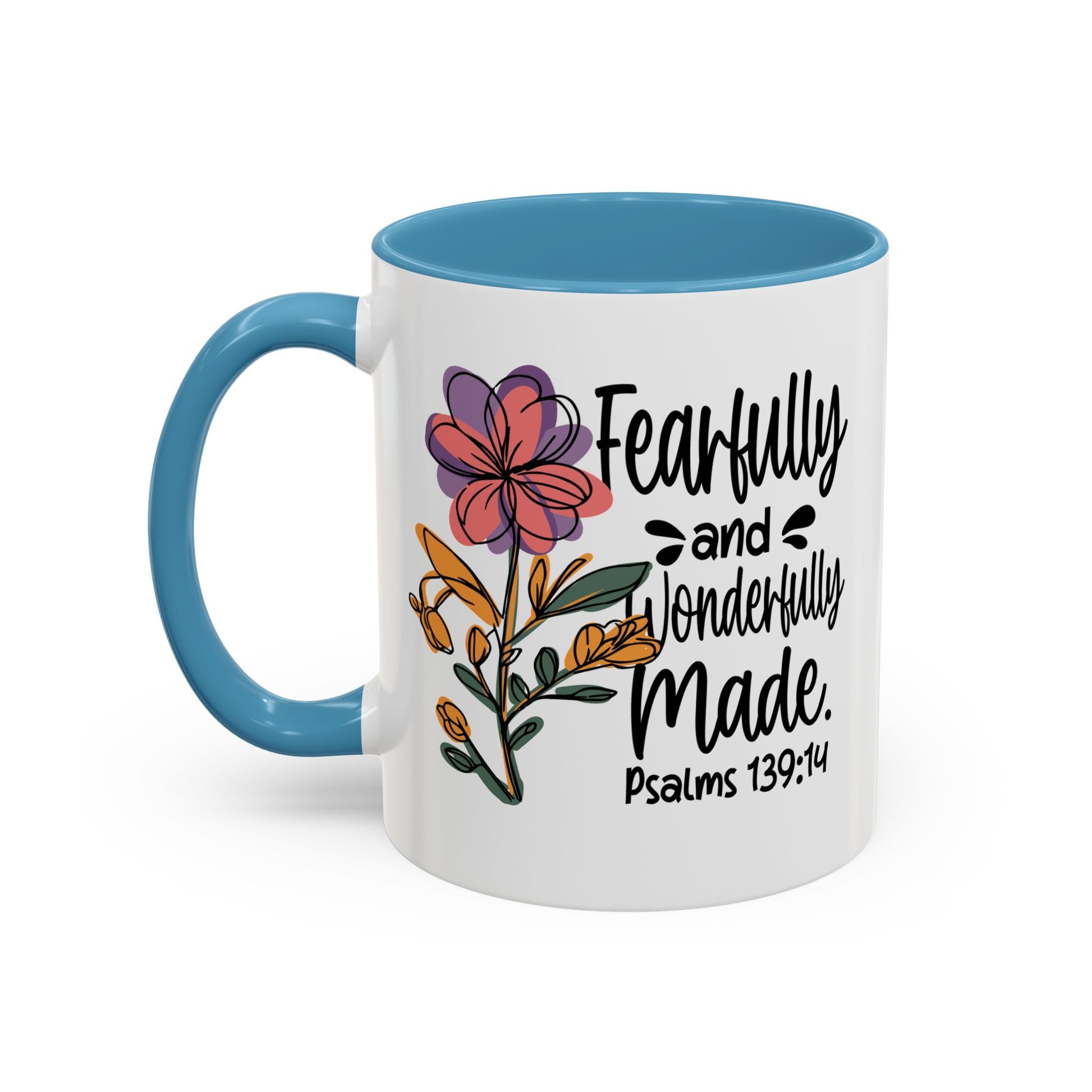 Fearfully and Wonderfully Made floral coffee mug with accent handle