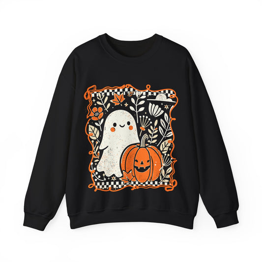 Flat lay of Cozy Halloween Pumpkin sweatshirt on white background