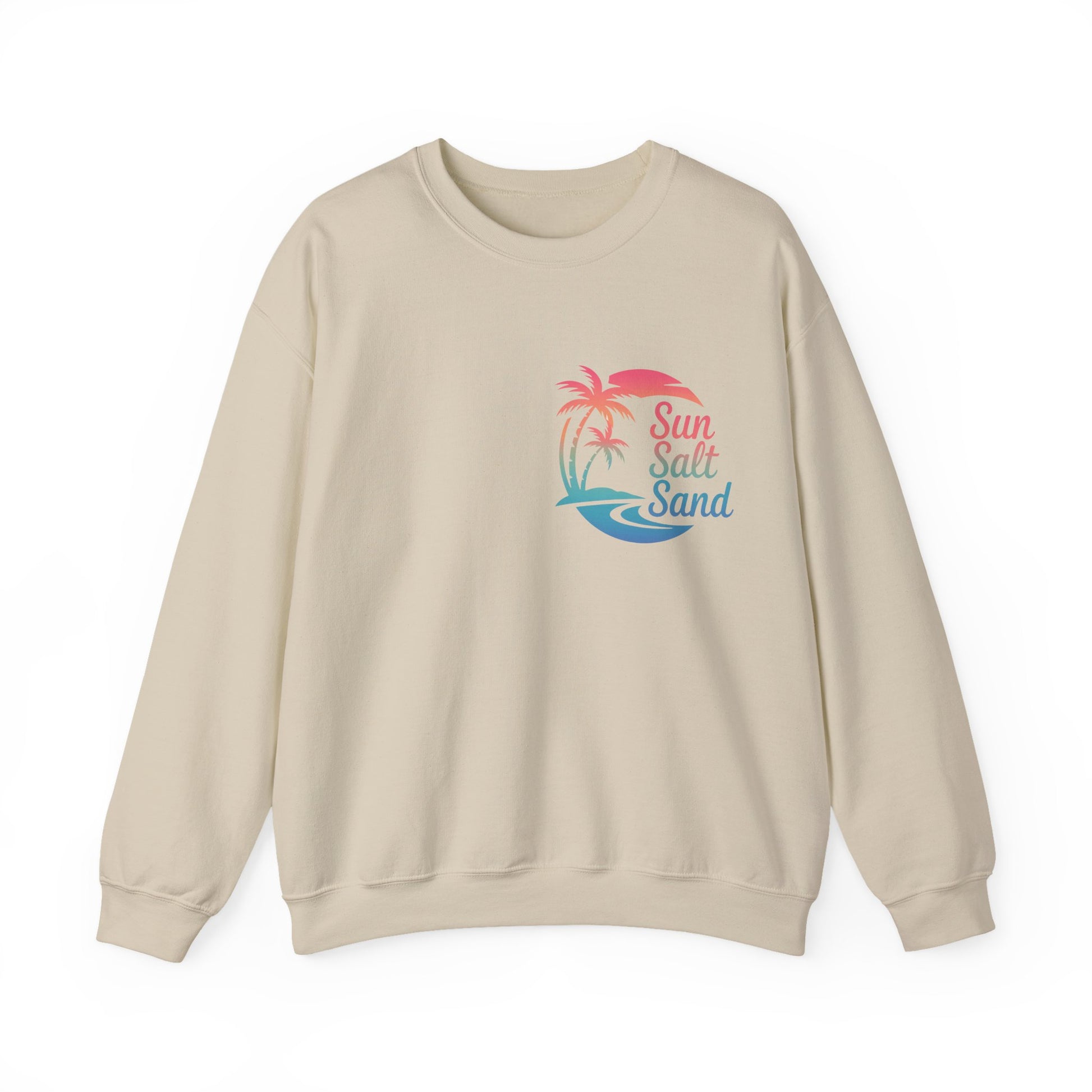 Front design of Beach Vibes crewneck sweatshirt with sun-salt-sand graphic on white background