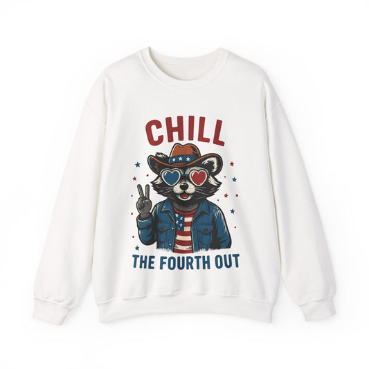 Flat lay of Chill Fourth of July sweatshirt on white background