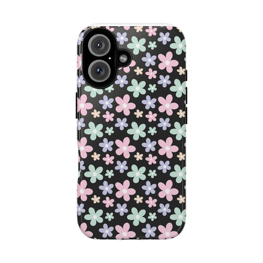 Durable floral tough phone case with colorful flower design on white background
