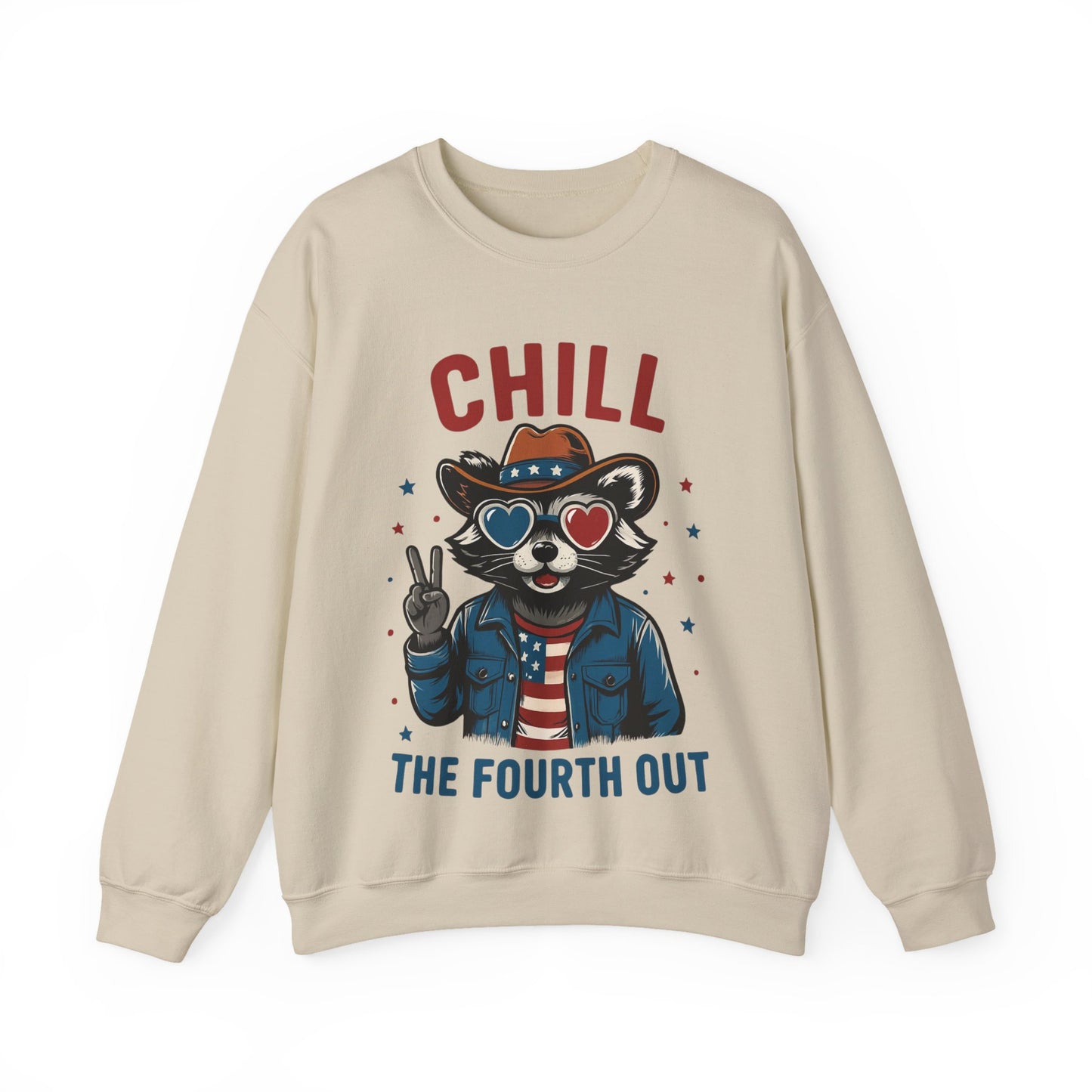 Flat lay of Chill Fourth of July sweatshirt on white background