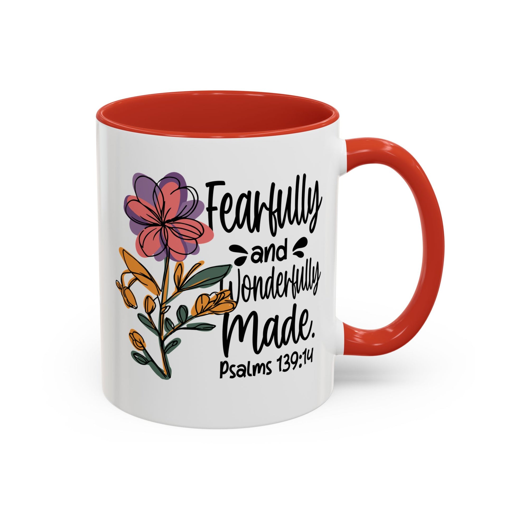 Fearfully and Wonderfully Made floral coffee mug with accent handle