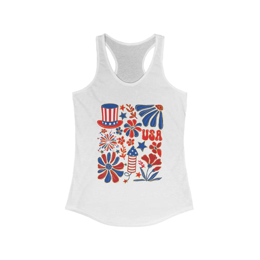 Patriotic Floral Racerback Tank Top with USA flag floral print