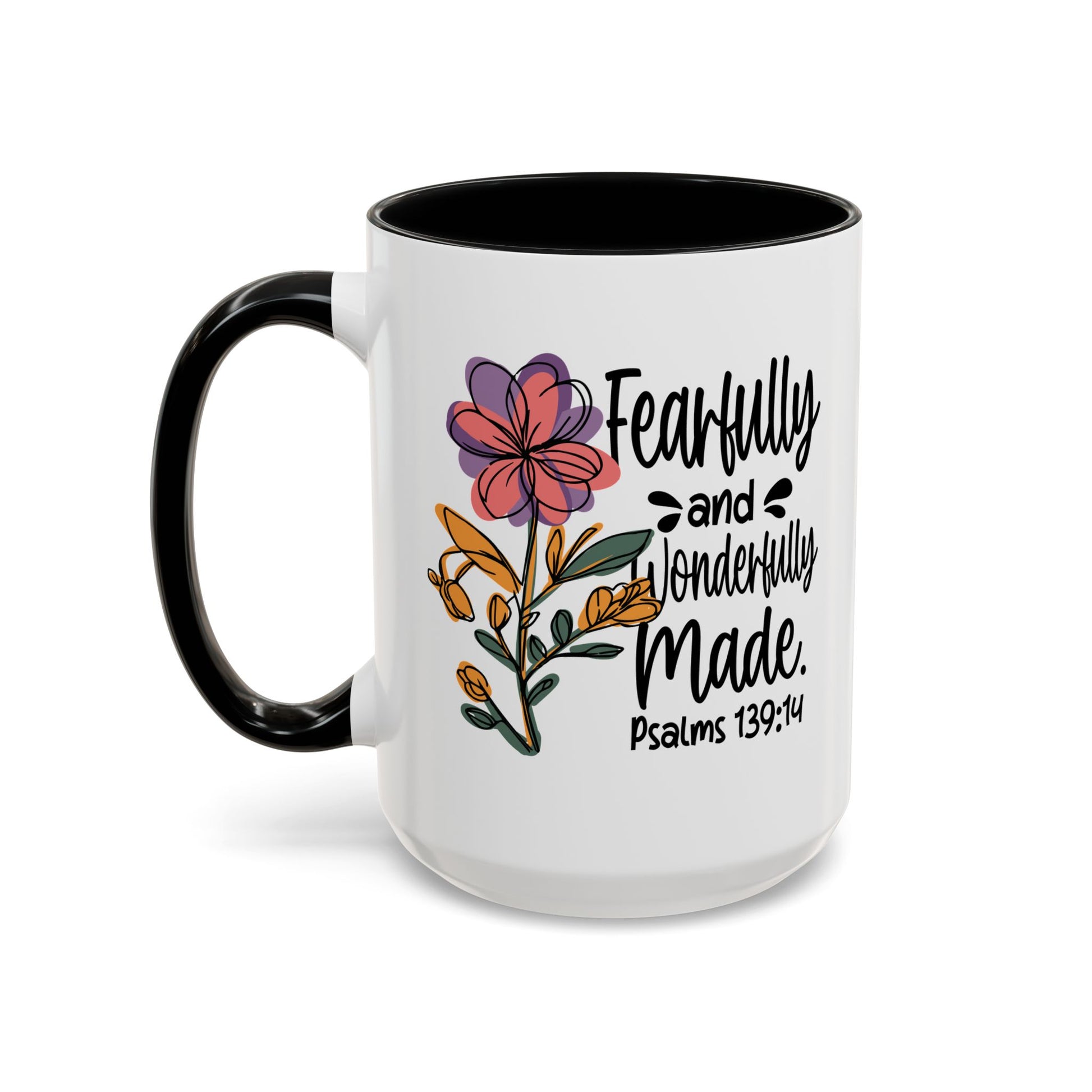 Fearfully and Wonderfully Made floral coffee mug with accent handle