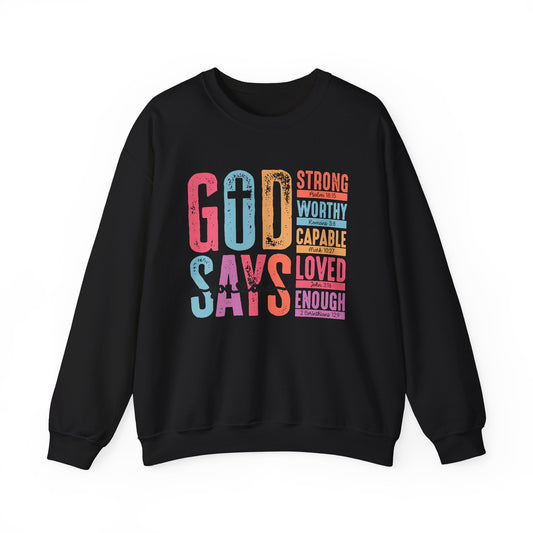 Inspirational crewneck sweatshirt flat lay with encouraging scripture text