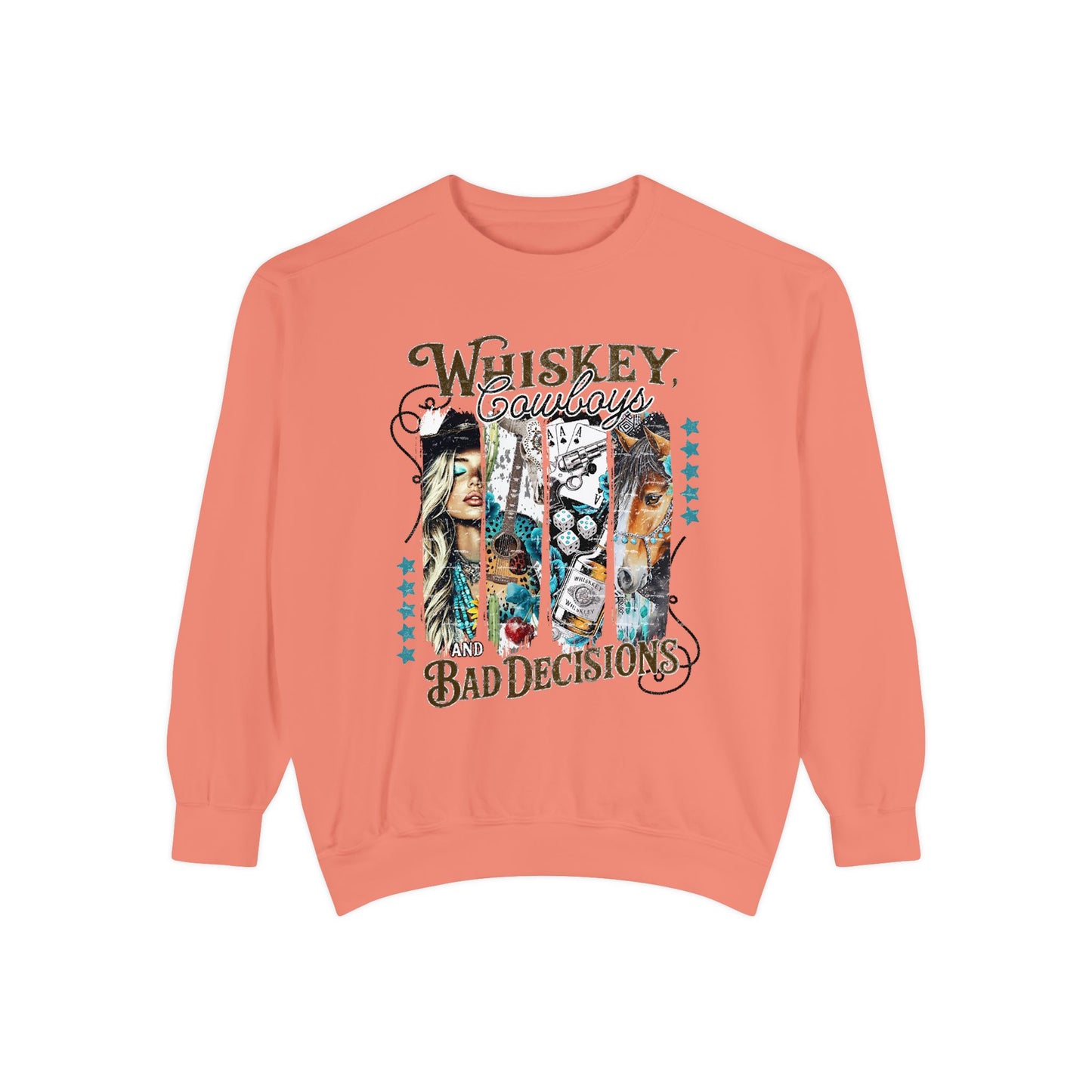 Flat lay of 'Whiskey & Bad Decisions' sweatshirt on light background