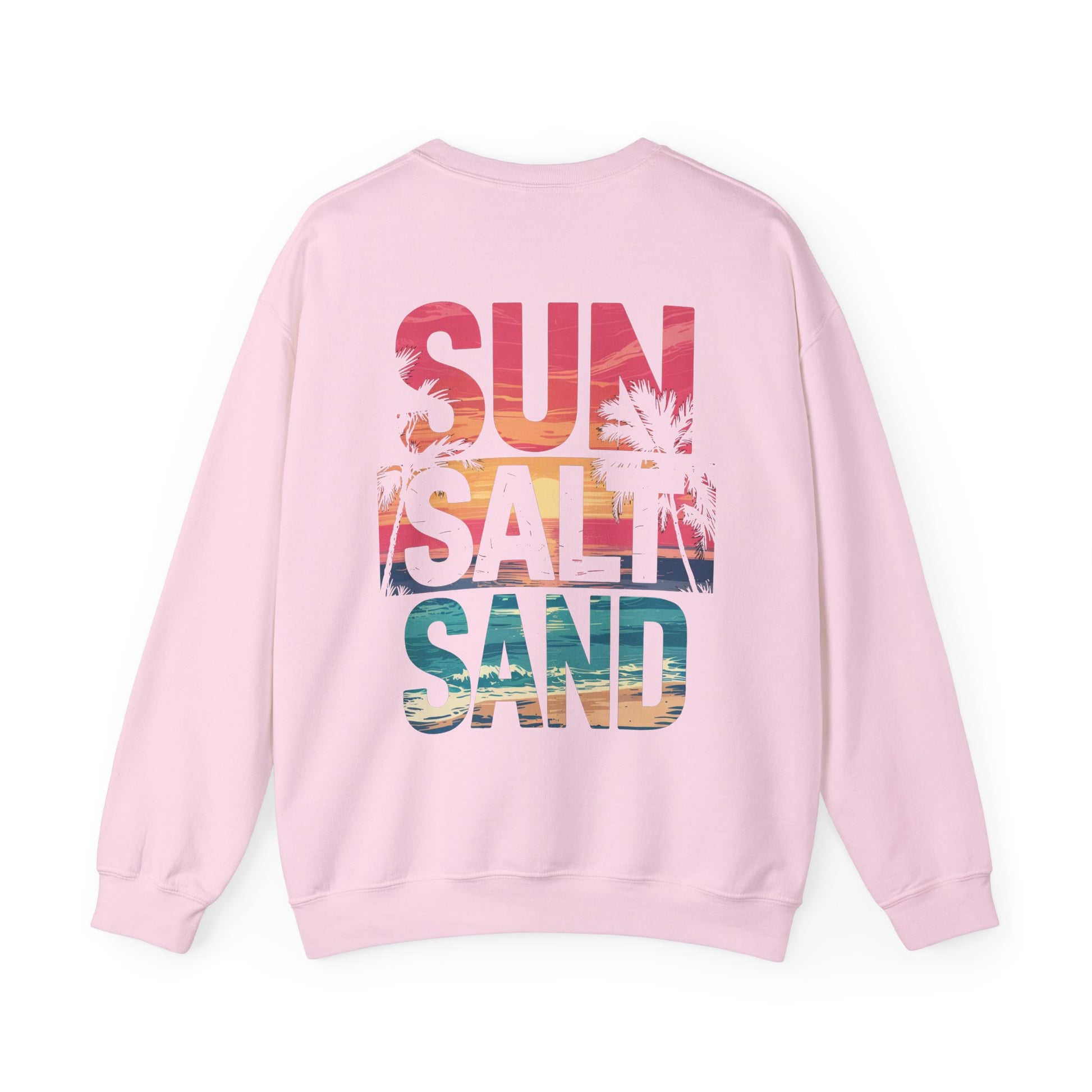 Back view of Beach Vibes crewneck showing full coastal design