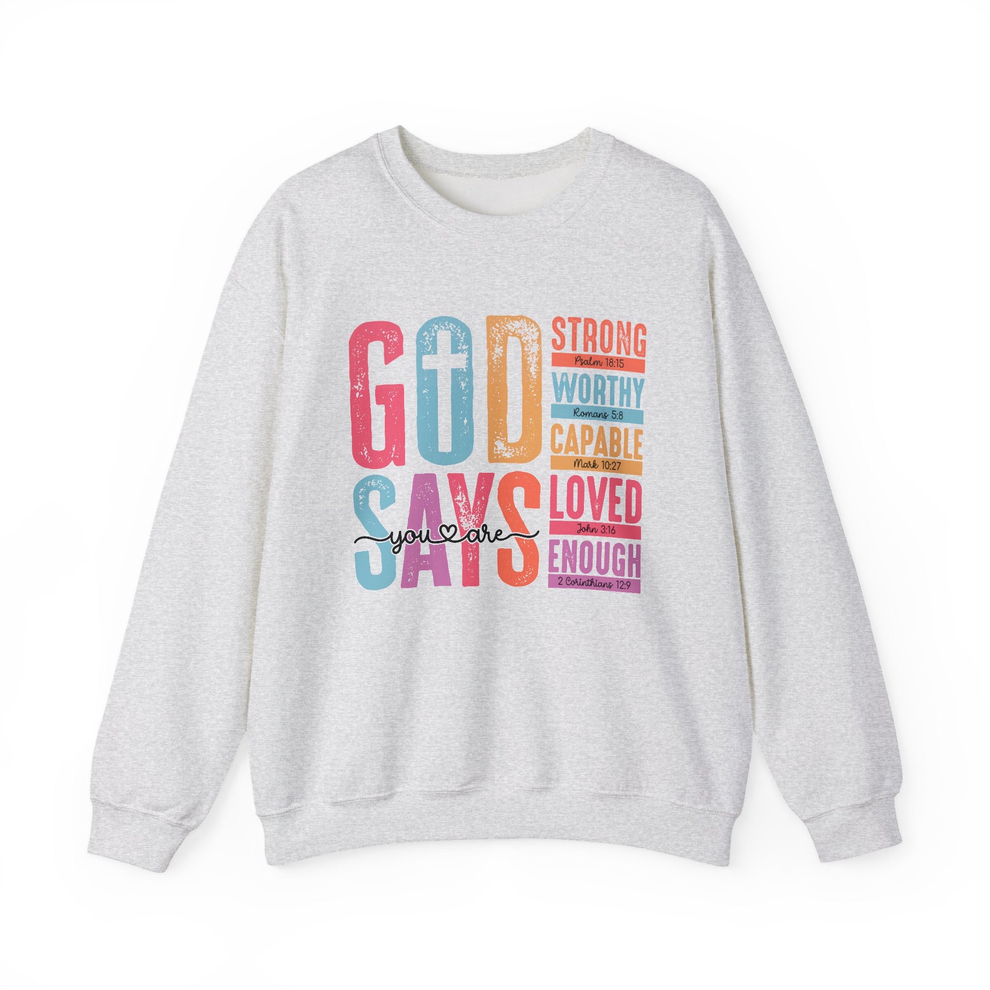 Inspirational crewneck sweatshirt flat lay with encouraging scripture text