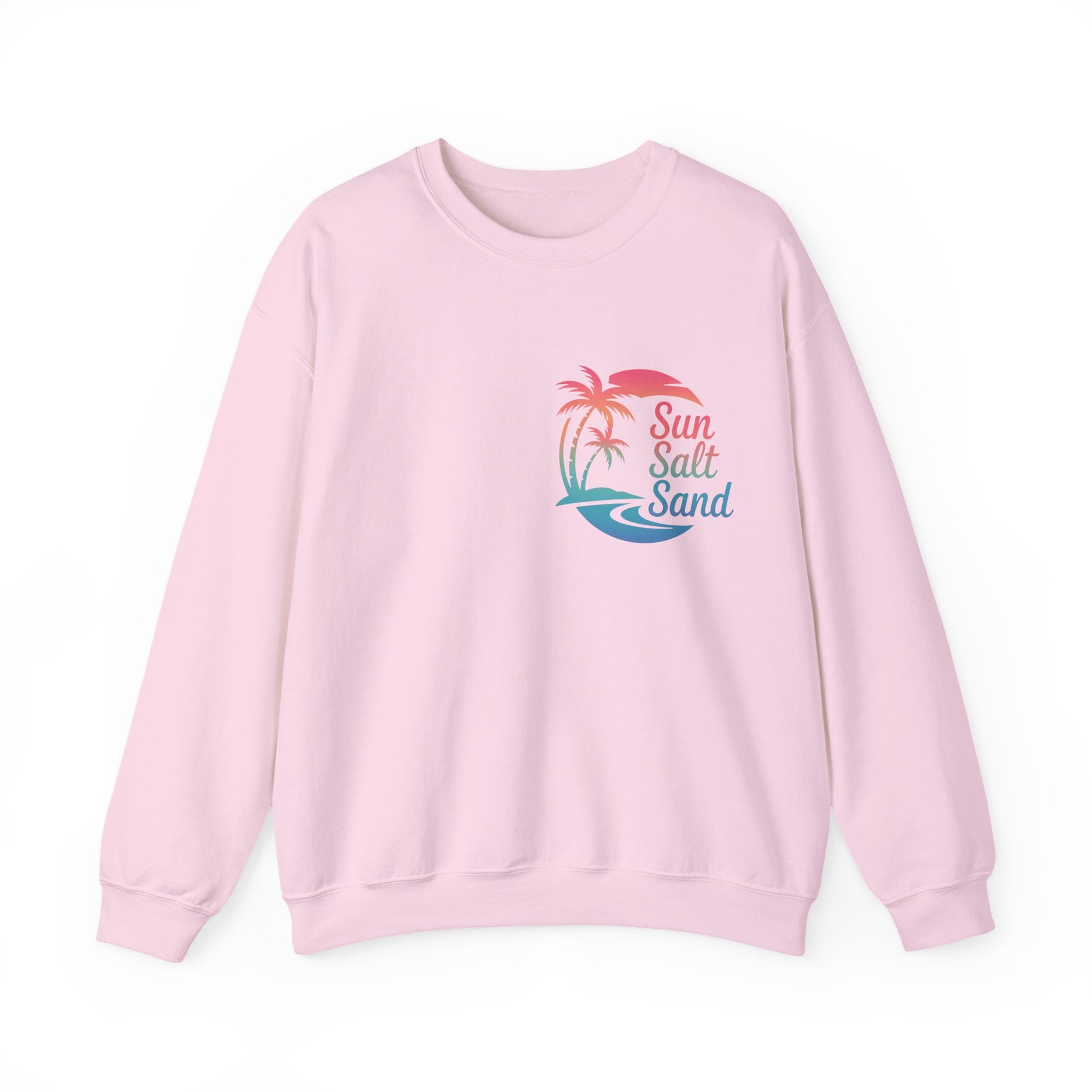 Front design of Beach Vibes crewneck sweatshirt with sun-salt-sand graphic on white background