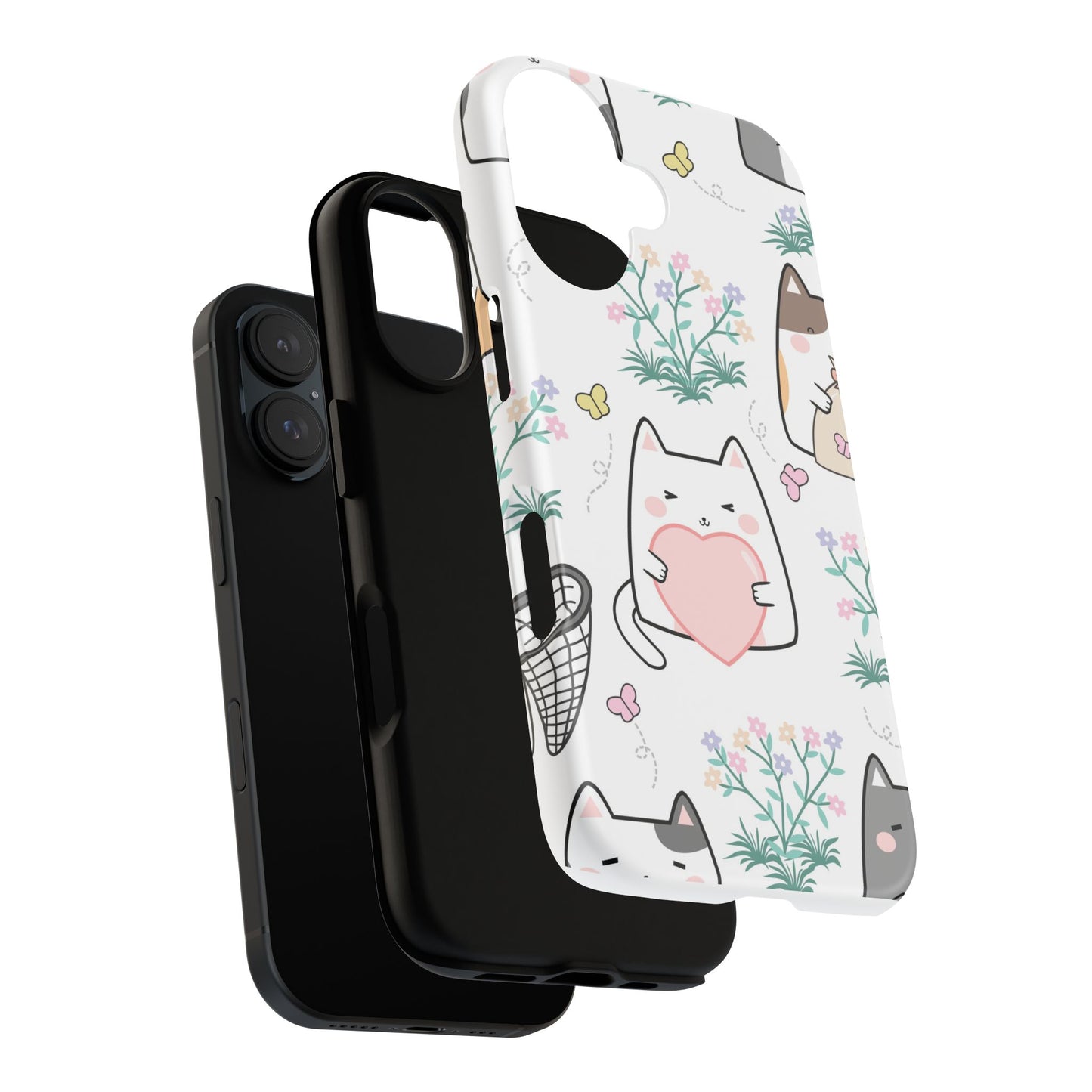 Cute Cat Floral tough phone case dual-layer design on white background