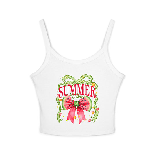 Summer Vibes spaghetti strap tank flat lay with watermelon graphic