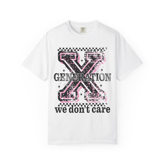 Retro Generation X vintage 90s graphic tee, unisex on white background” and for lifestyle shot: “Model wearing Gen X nostalgia shirt with 90s graphic, casual style