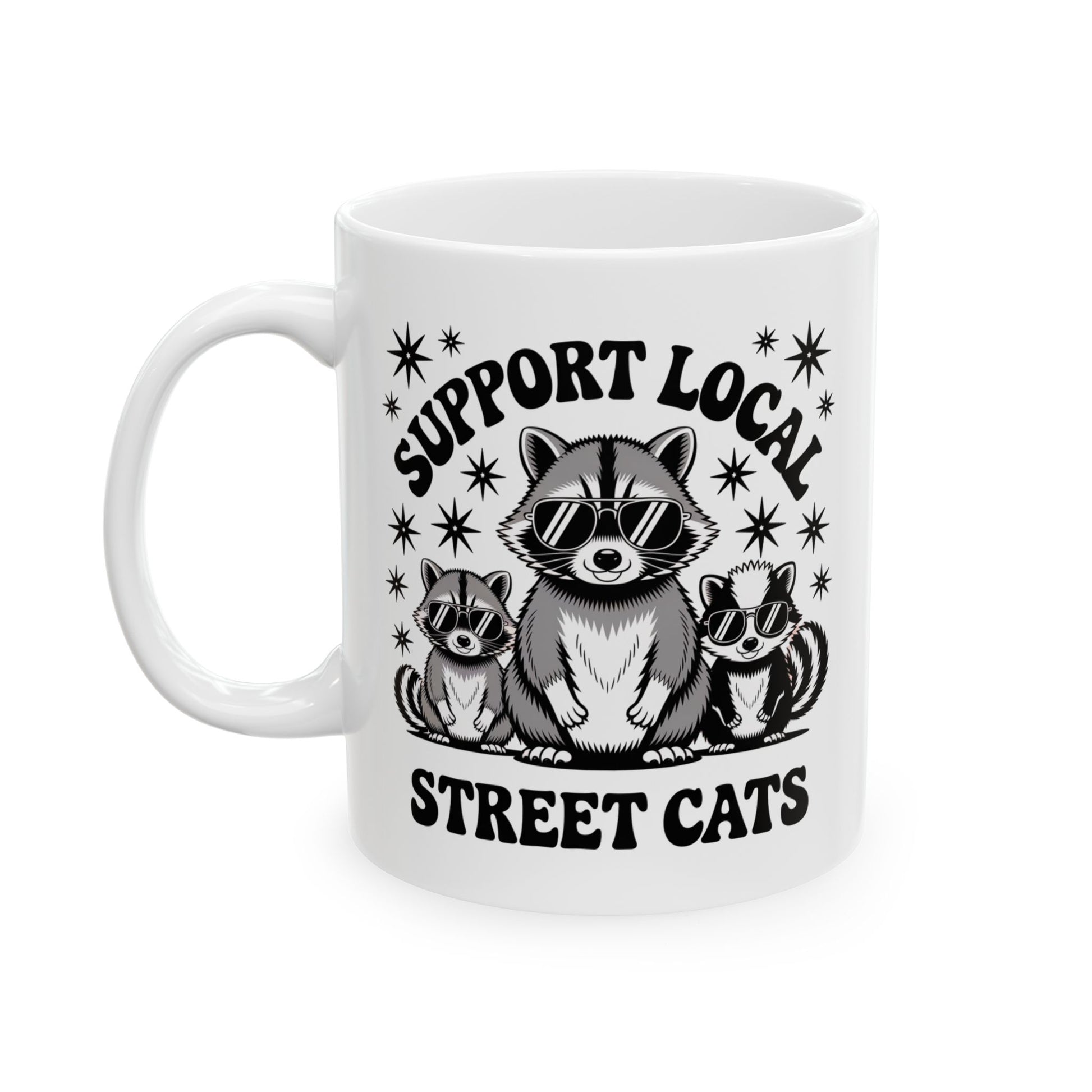 Support Local Street Cats animal lover ceramic mug flat lay