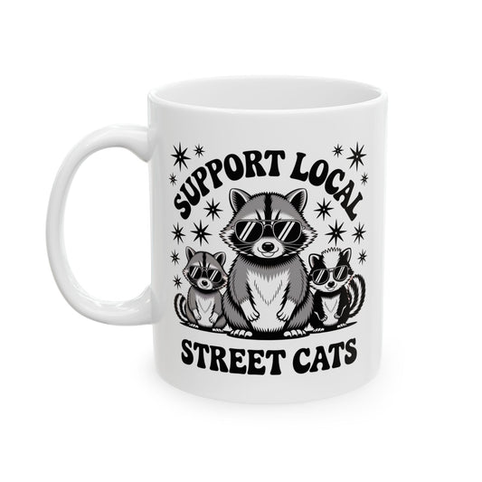 Support Local Street Cats animal lover ceramic mug flat lay