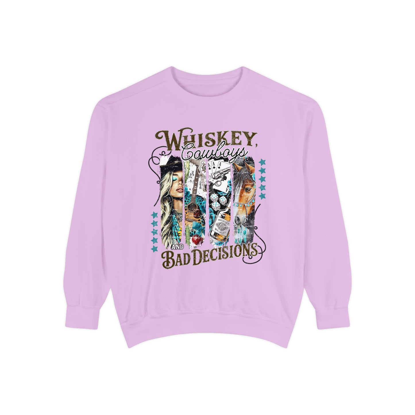 Flat lay of 'Whiskey & Bad Decisions' sweatshirt on light background