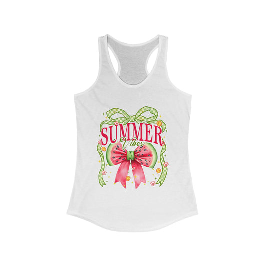 Summer Vibes women’s racerback tank flat lay with tropical graphic