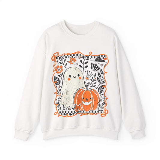 Flat lay of Cute Ghost and Pumpkin crewneck sweatshirt on white background