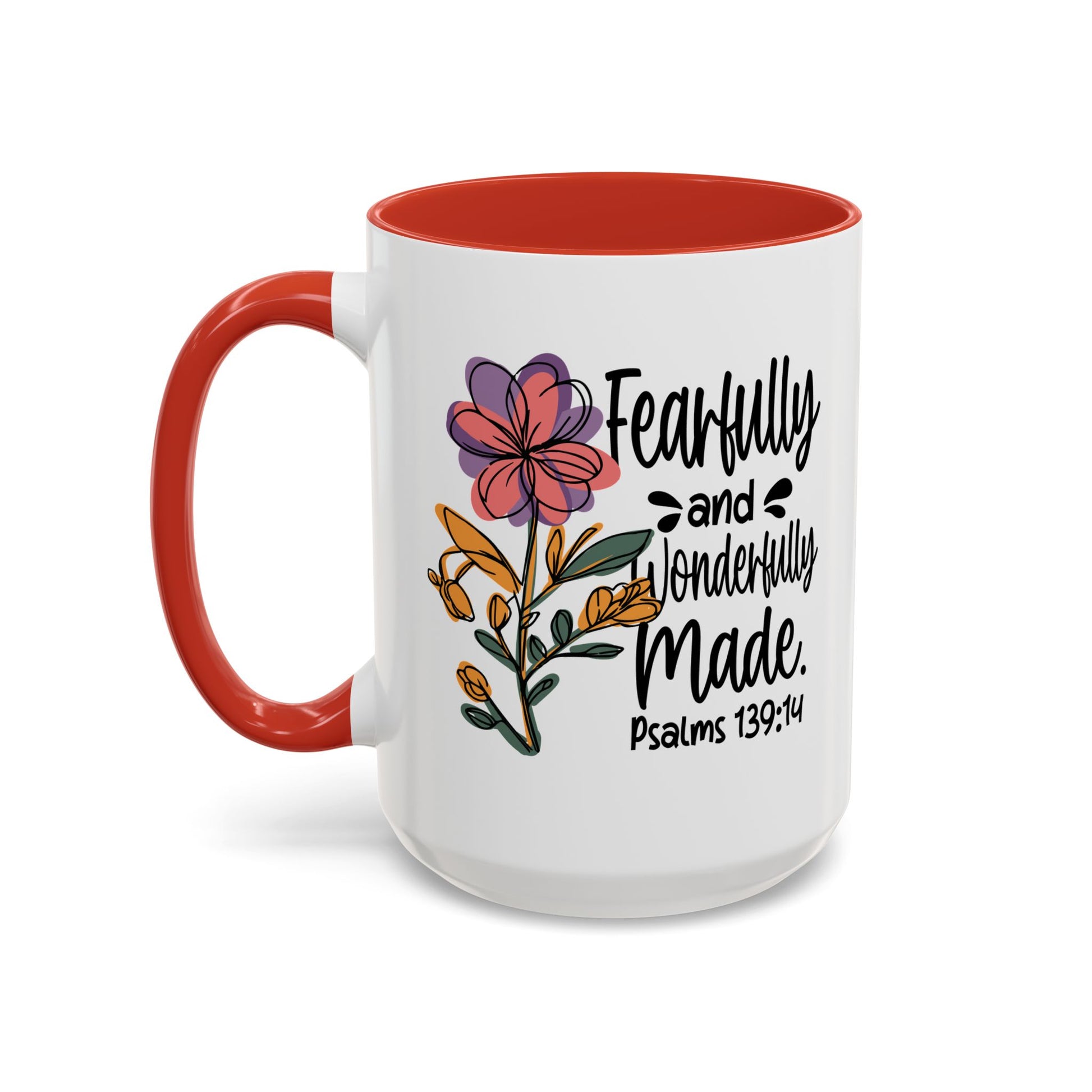 Fearfully and Wonderfully Made floral coffee mug with accent handle