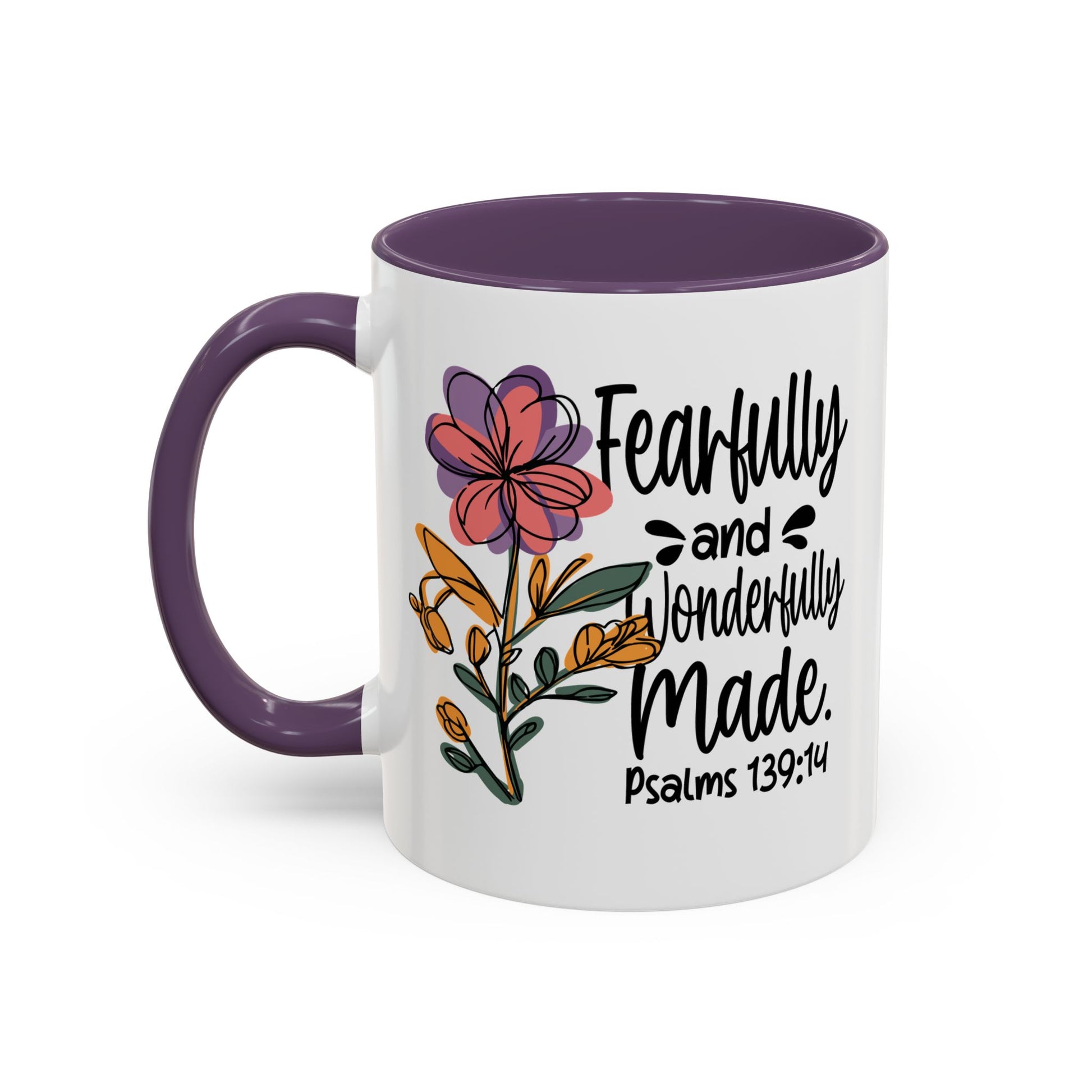 Fearfully and Wonderfully Made floral coffee mug with accent handle