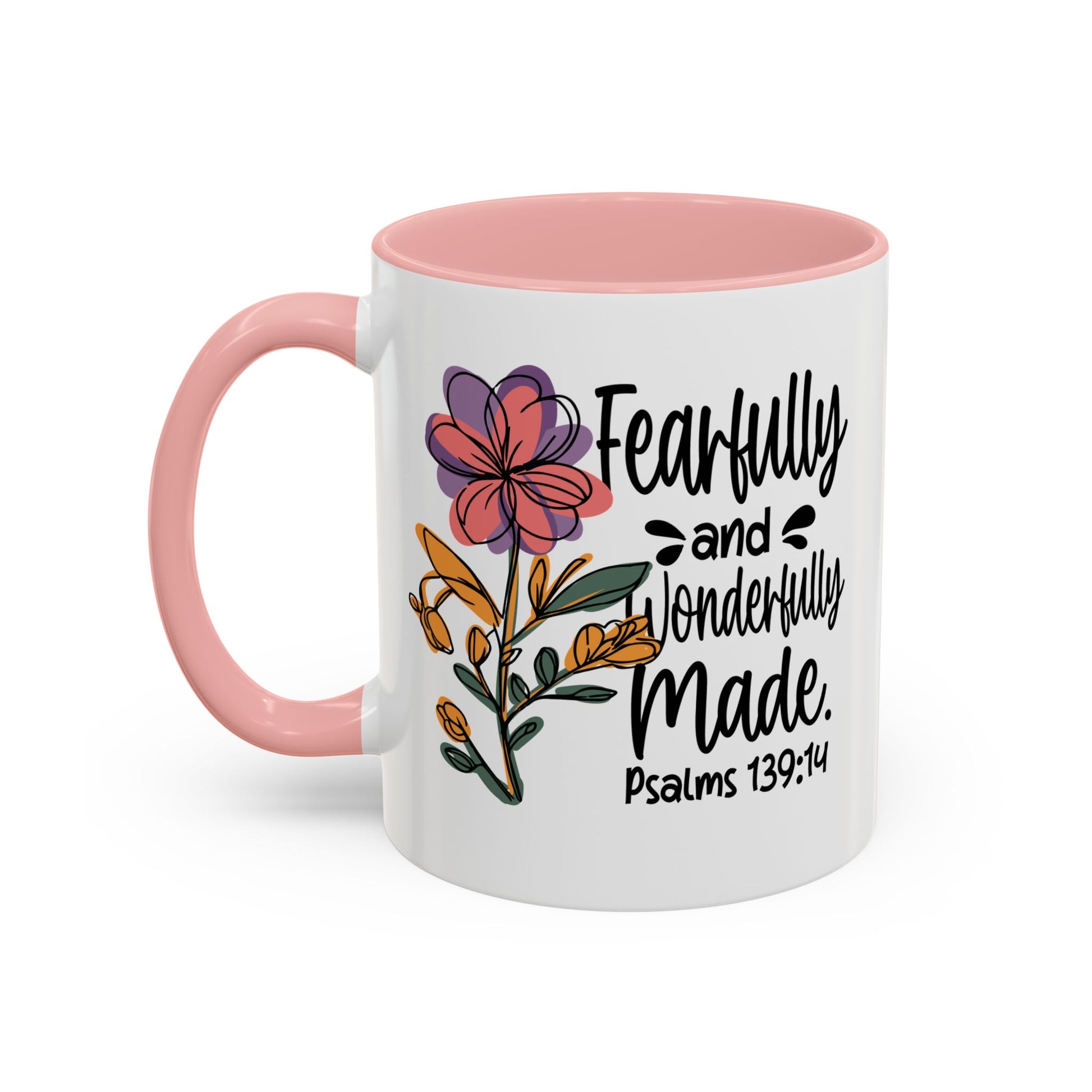 Fearfully and Wonderfully Made floral coffee mug with accent handle