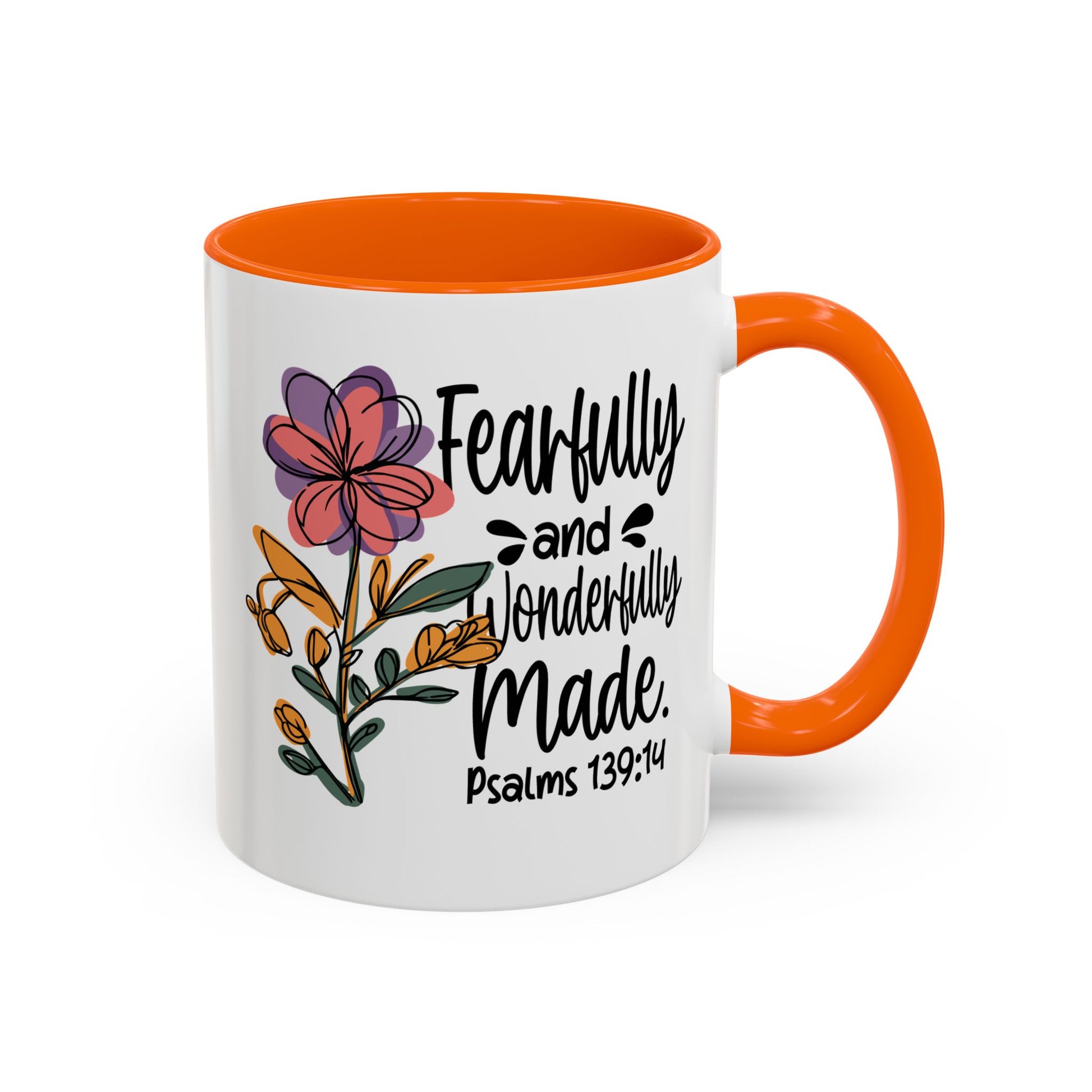 Fearfully and Wonderfully Made floral coffee mug with accent handle
