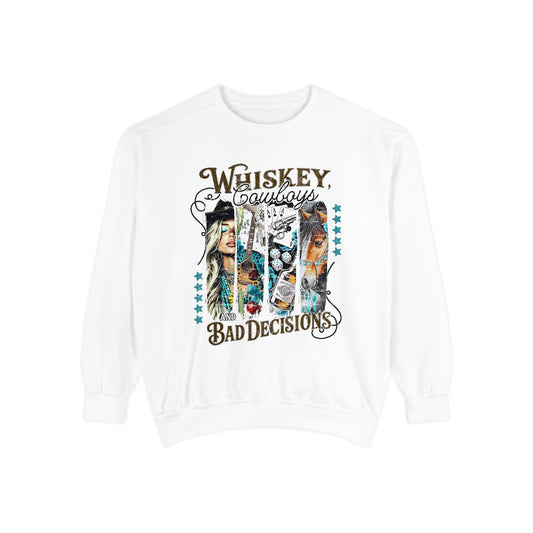 Flat lay of 'Whiskey & Bad Decisions' sweatshirt on light background