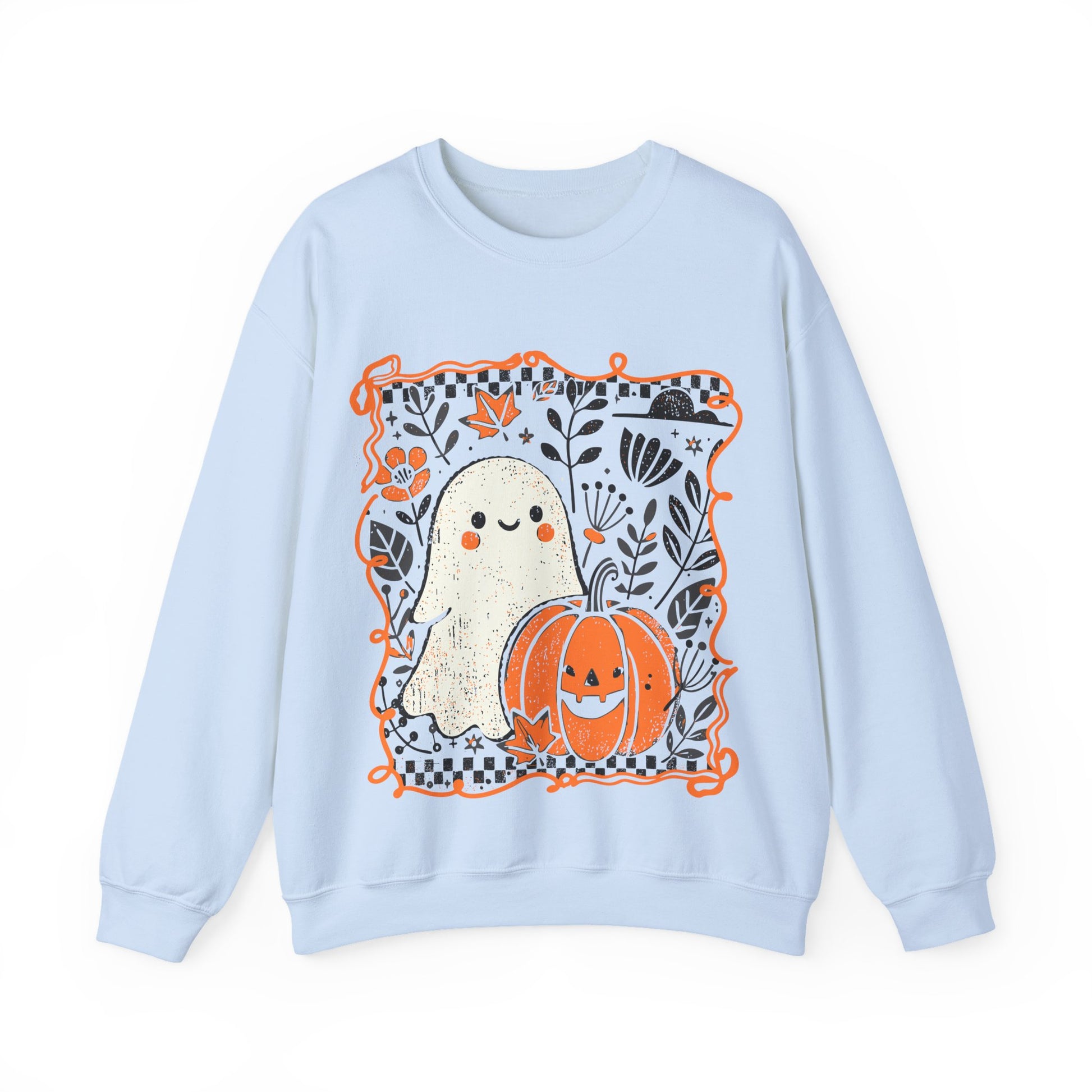 Flat lay of Cute Ghost and Pumpkin crewneck sweatshirt on white background