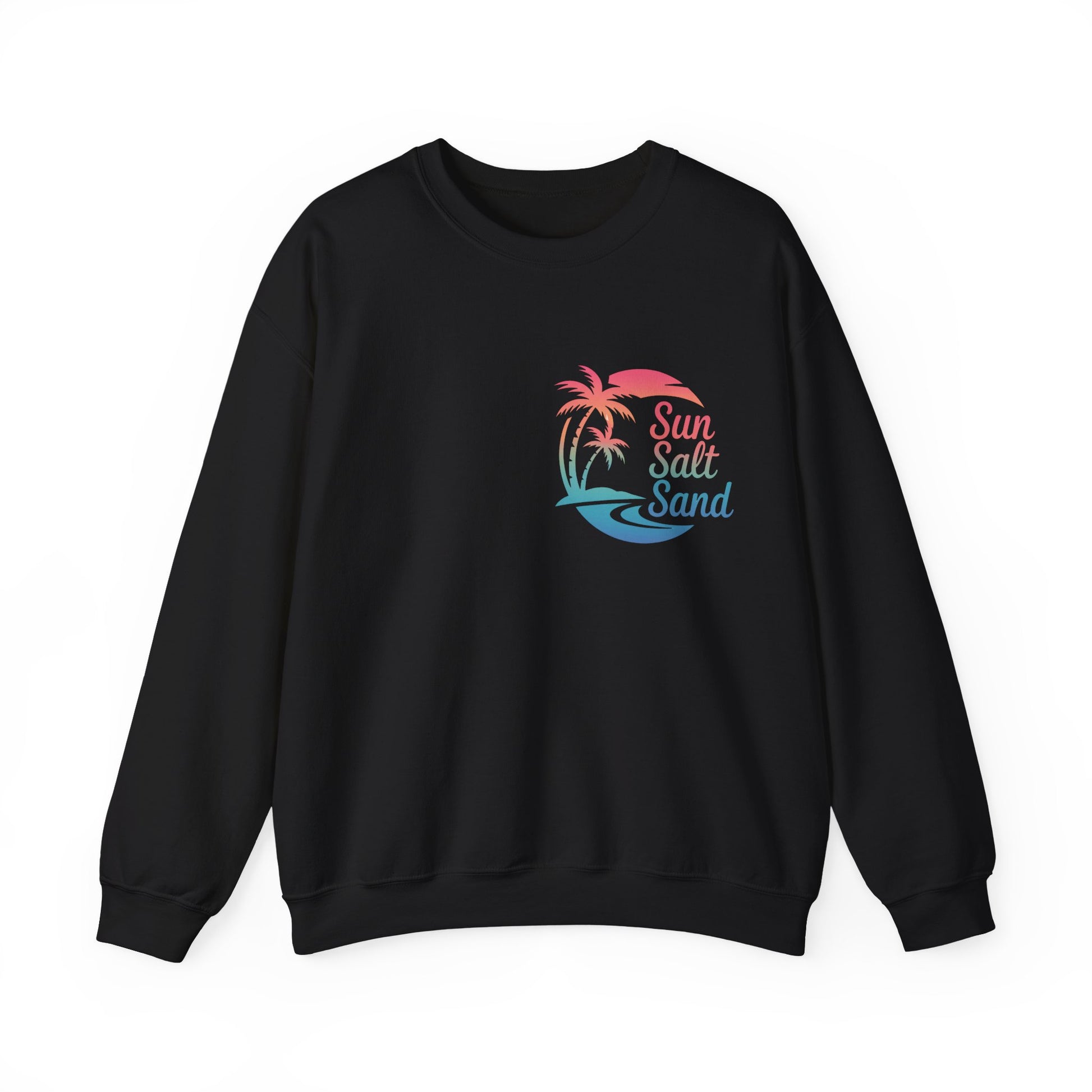 Front design of Beach Vibes crewneck sweatshirt with sun-salt-sand graphic on white background