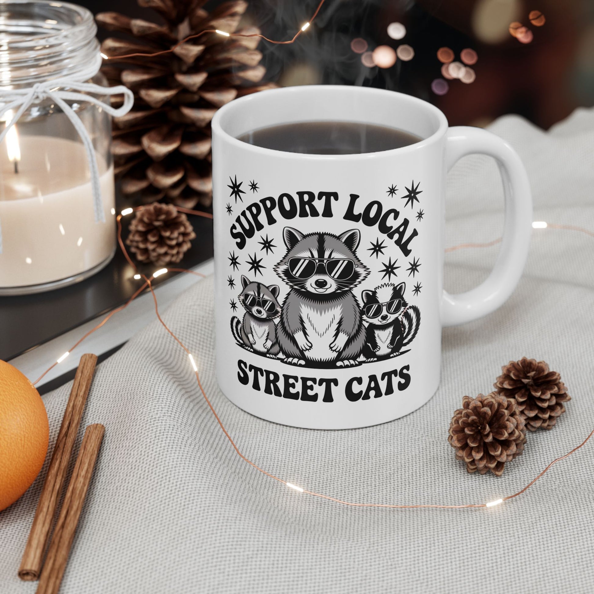 Support Local Street Cats animal lover ceramic mug flat lay