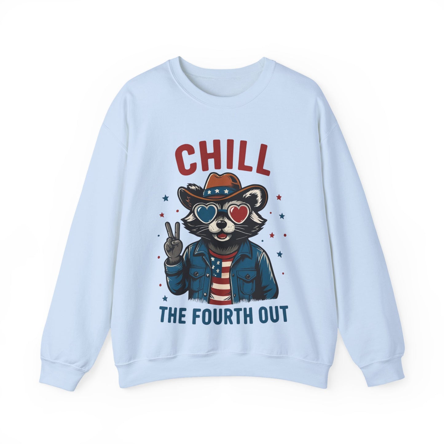 Flat lay of Chill Fourth of July sweatshirt on white background