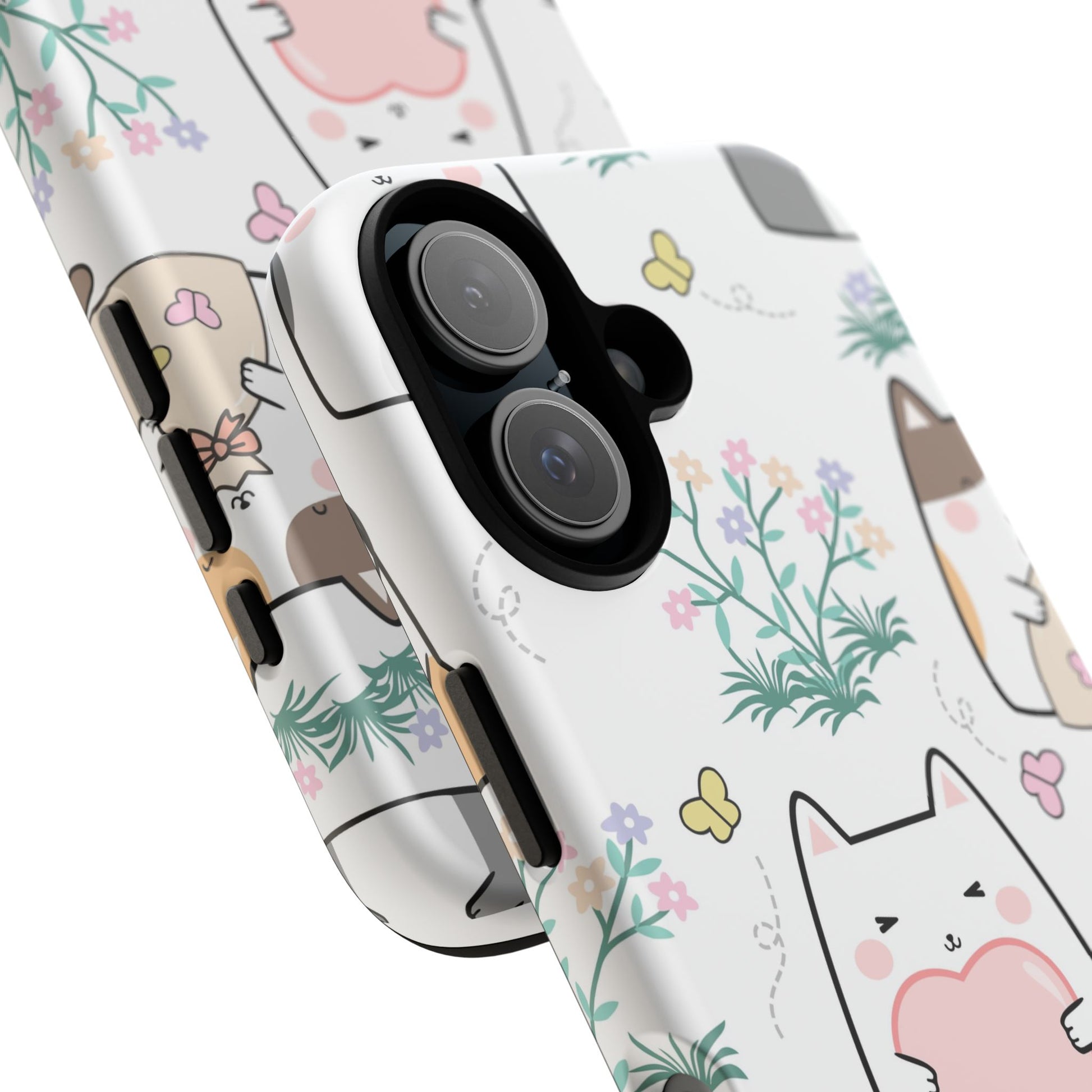 Cute Cat Floral tough phone case dual-layer design on white background
