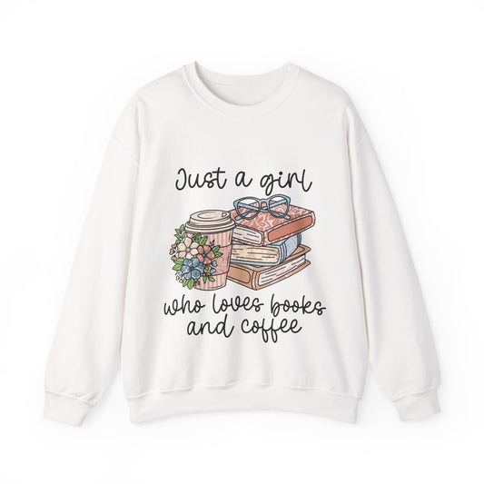 Flat lay of 'Just a Girl Who Loves Books & Coffee' sweatshirt on white background