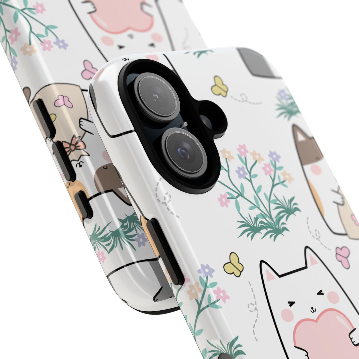 Cute Cat Floral tough phone case dual-layer design on white background