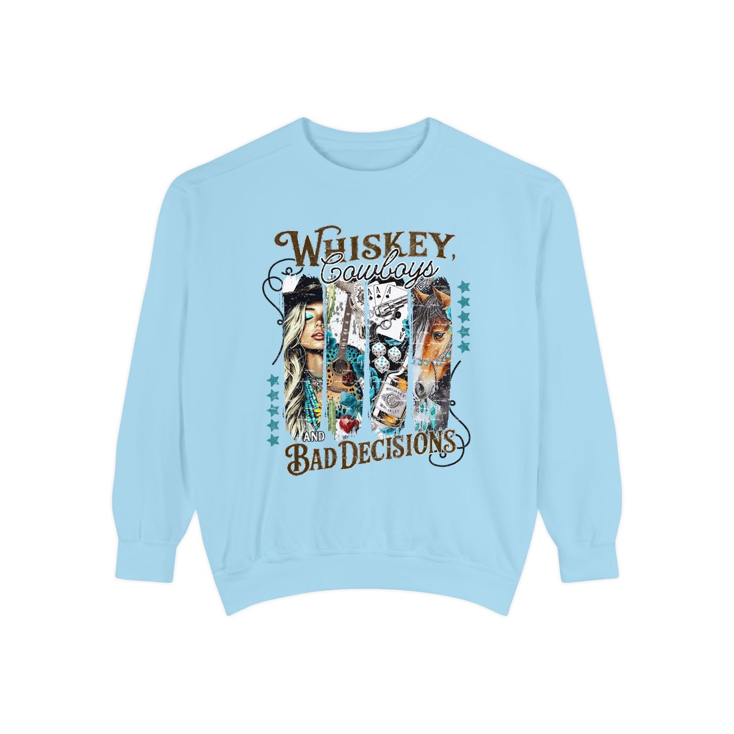 Flat lay of 'Whiskey & Bad Decisions' sweatshirt on light background
